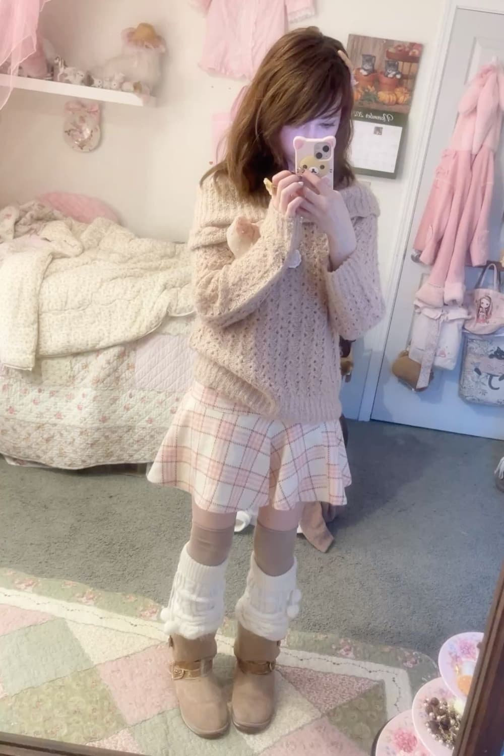 빈티지 대장 라떼갸루 모리걸 베이비핑크 꽈배기 롱니트 상품이미지6