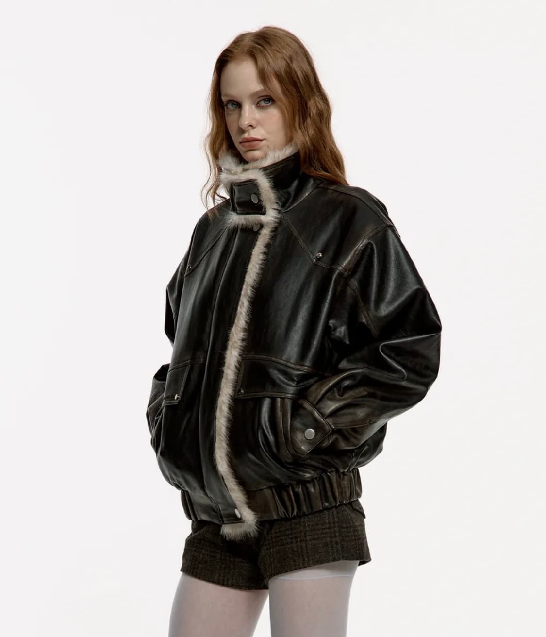 러프넥 워싱 레더 무스탕 자켓 S사이즈 상품이미지1