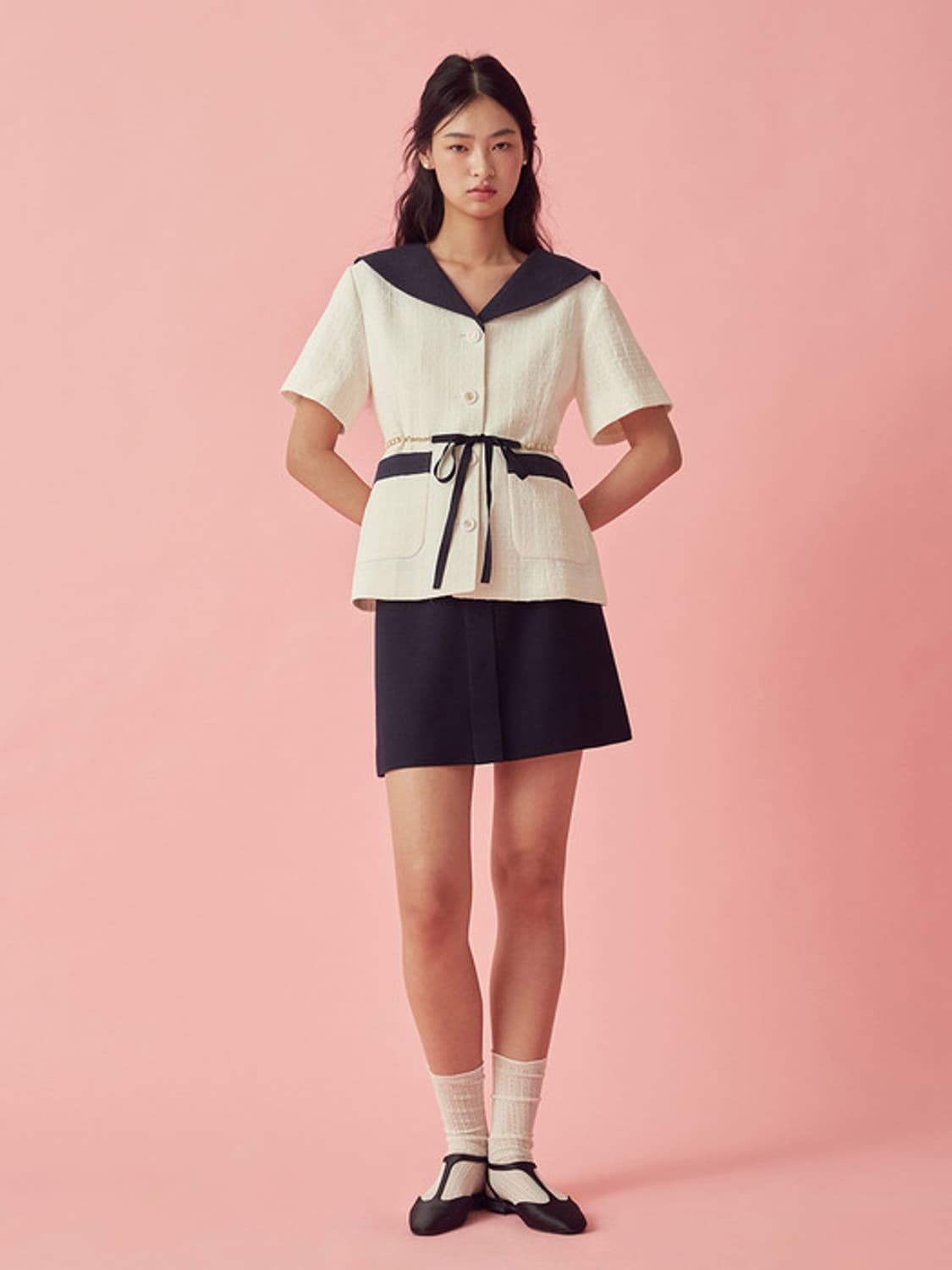 쟈니헤잇재즈 리본 벨티드 트위드 자켓 - 화이트 상품이미지4