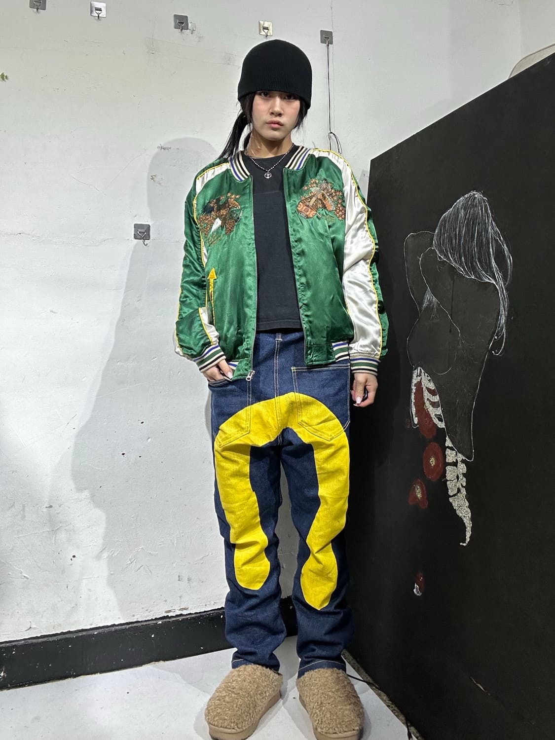 일본빈티지 R.M.C 초록 게이샤 자수 스카잔 M 상품이미지4