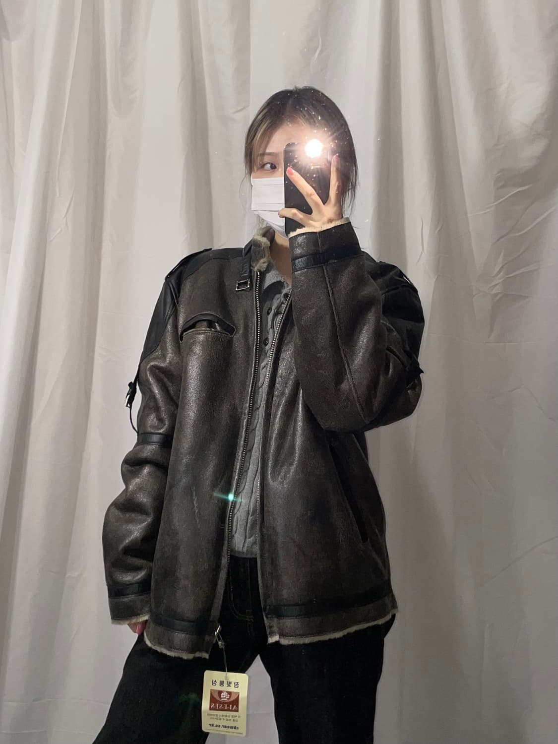 ALESES 챠콜 국산 기모 레더 자켓 새상품 L 상품이미지3