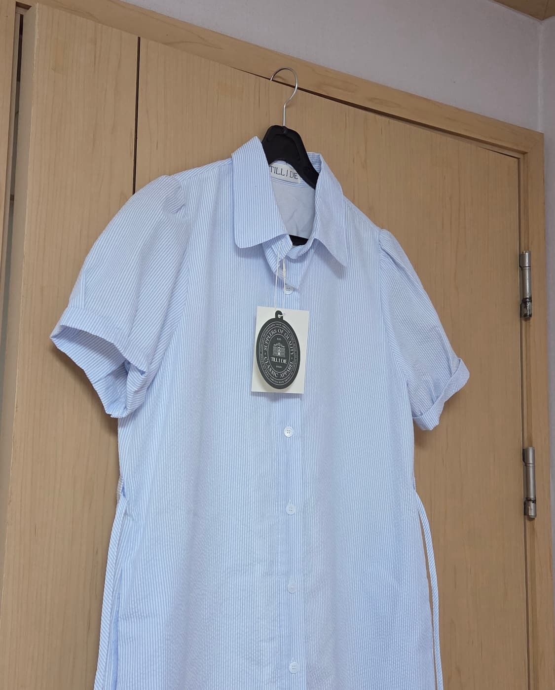 택달린새상품) 틸아이다이 스트라이프 시어서커 원피스 블루 하늘색 스트링  상품이미지5