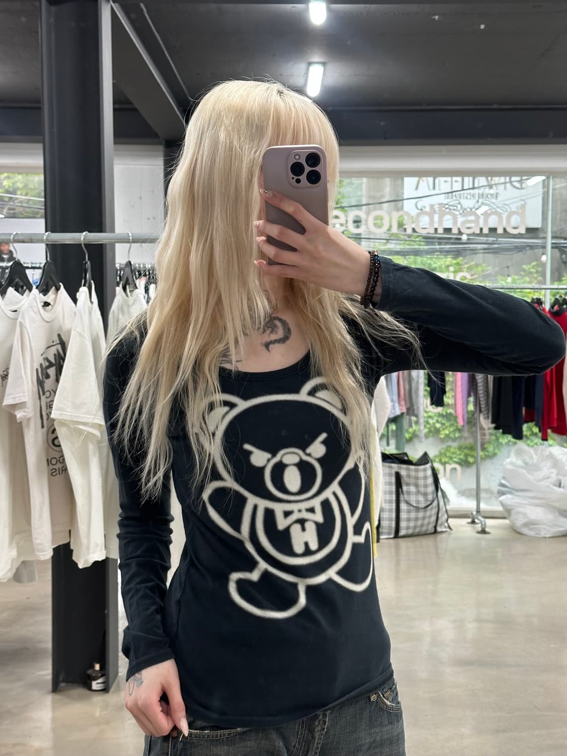 히스테릭 글래머 퍽베어 블랙 롱슬리브 긴팔티 상품이미지1