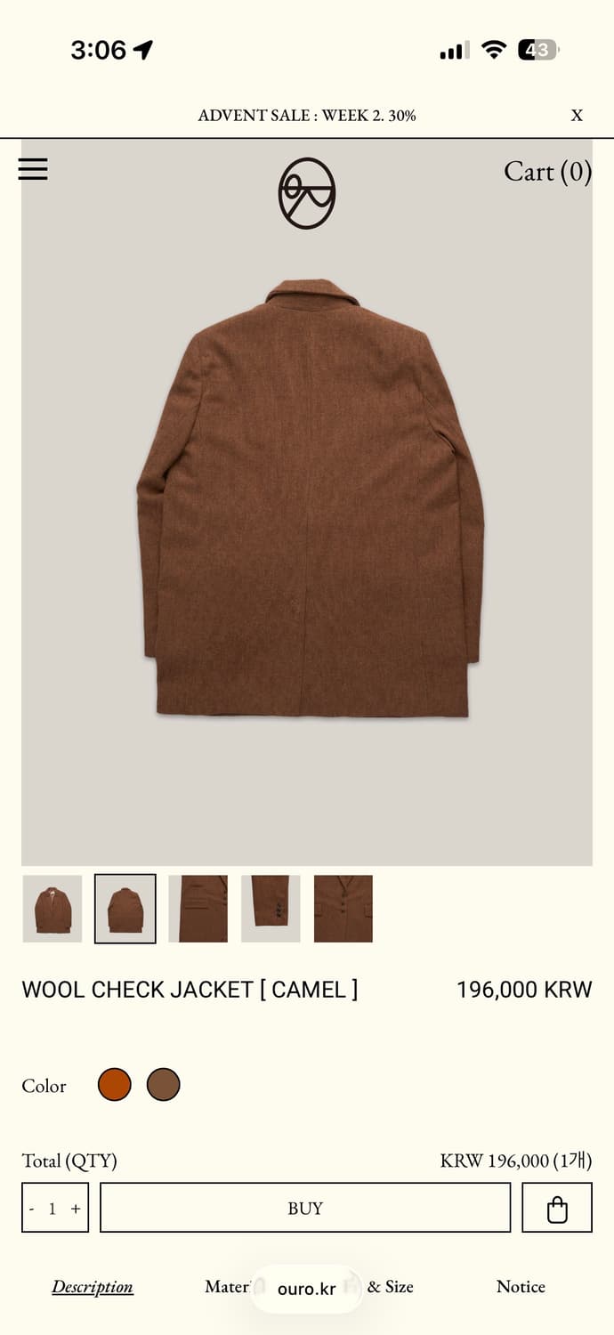 아우로 ouro WOOL CHECK JACKET [ CAMEL ] 상품이미지2