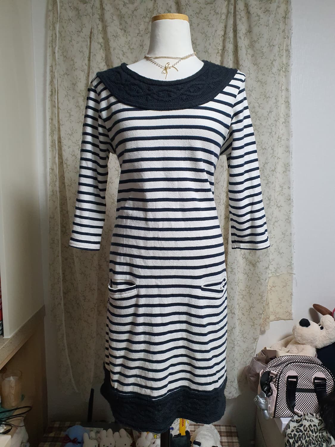 [모리걸] 너드모리 스트라이프 니트 원피스 7부 상품이미지1