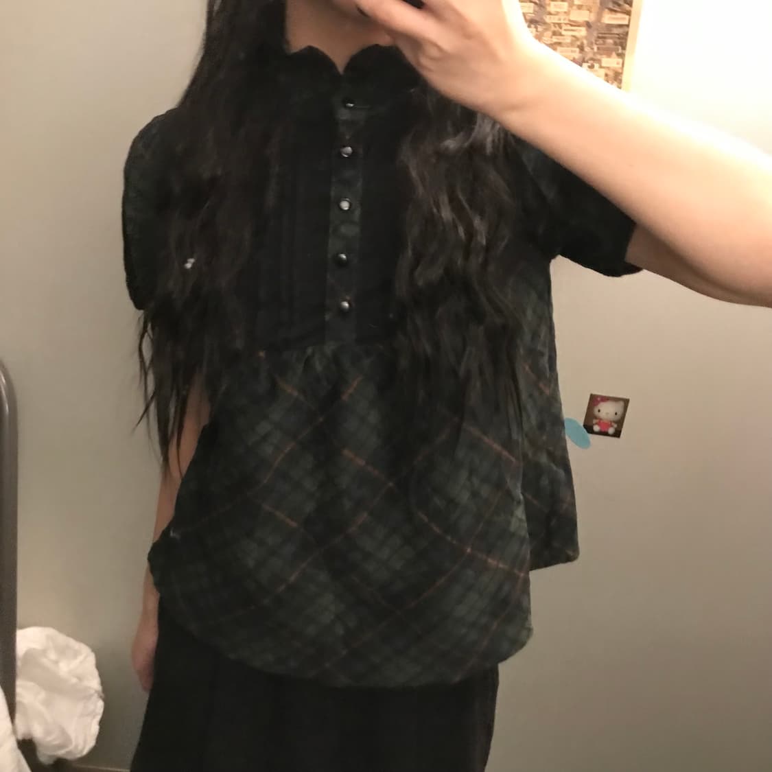 JPN Vintage 모리걸 그린 벨벳 체크 블라우스 상품이미지3