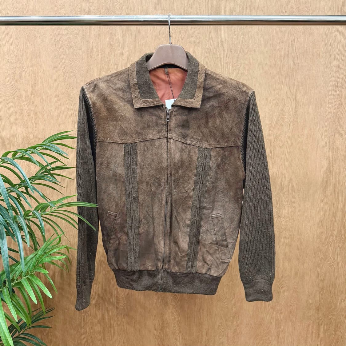 빈티지 스웨이드 니트 하이브리드 집업 자켓 하이넥 절개 디테일 브라운 상품이미지1