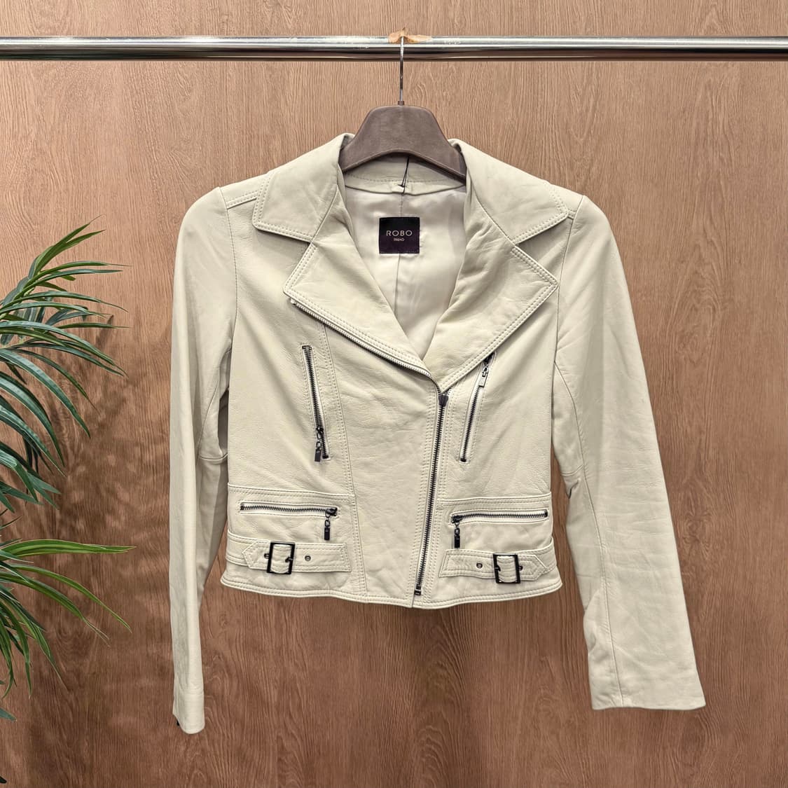 빈티지 슬림핏 레더 라이더 자켓 허리 스트랩 버클 지퍼 디테일 아이보리 상품이미지1