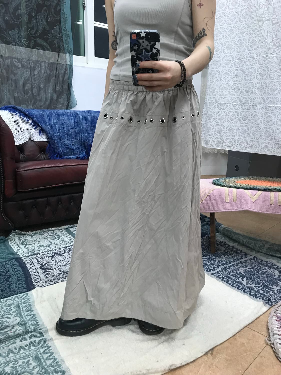 빈티지 여성 스터드 밴딩 나일론 롱스커트  상품이미지1