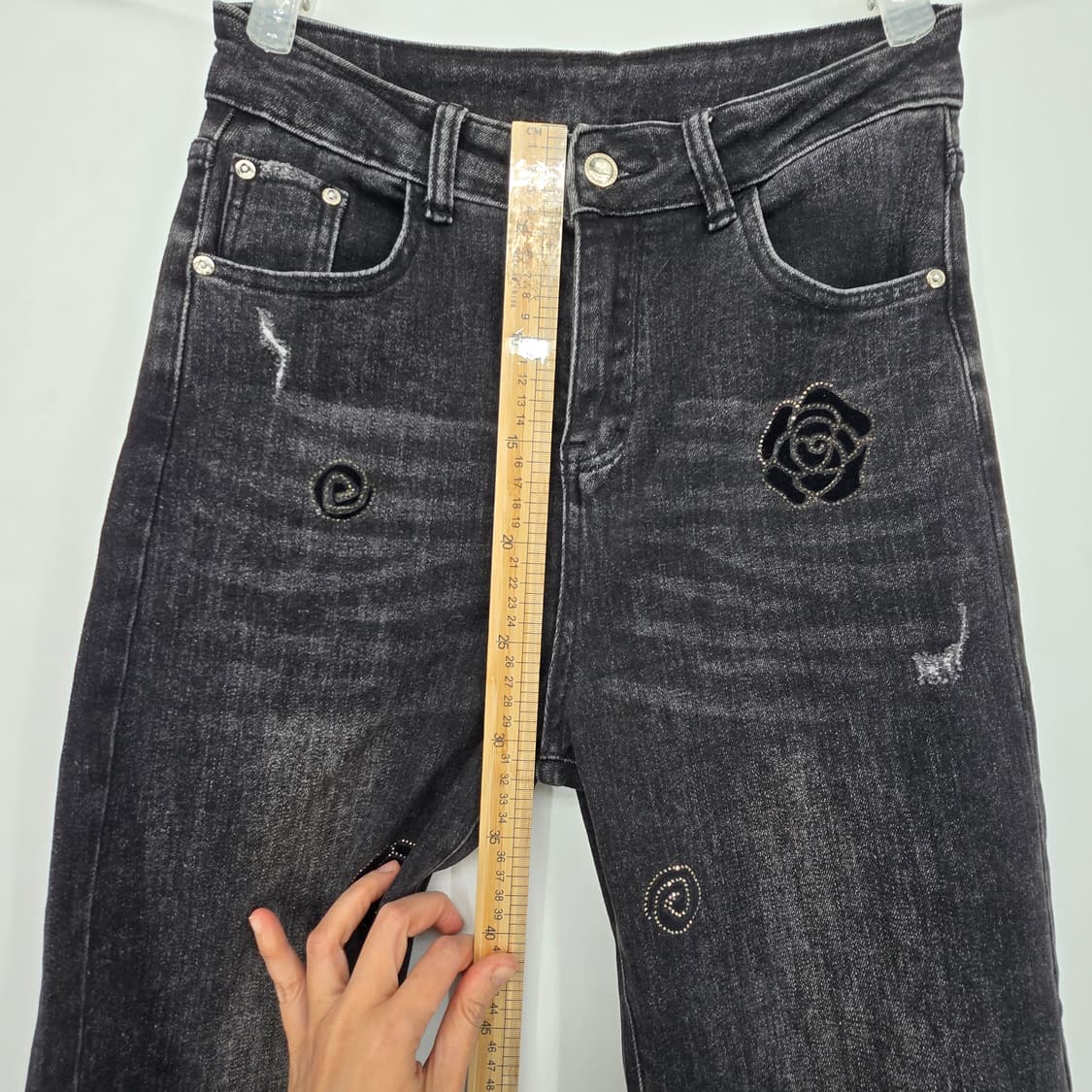 빈티지 블랙 데님 플라워 유니크 와이드진 여성 청바지 [E50632] 상품이미지5