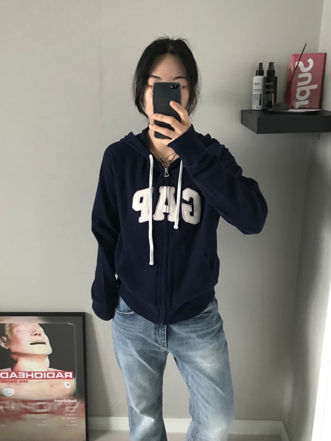 갭 GAP 중앙 자수로고 네이비 후드집업 딱붙핏 상품이미지1