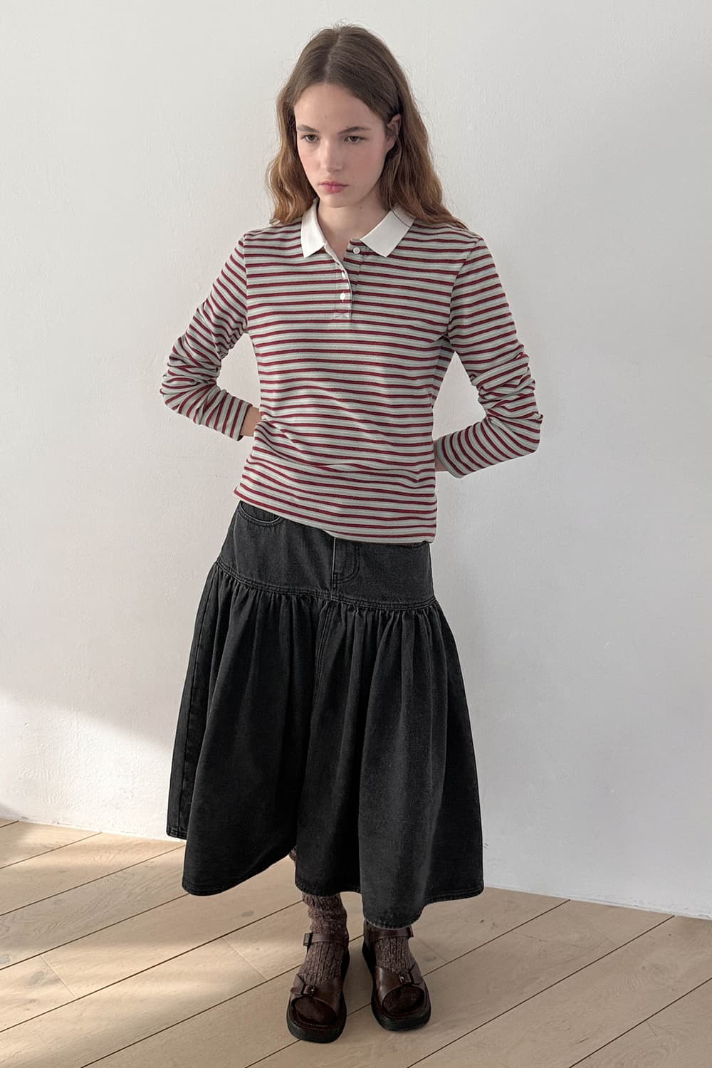 시눈 플레어 데님 스커트 블랙 상품이미지1