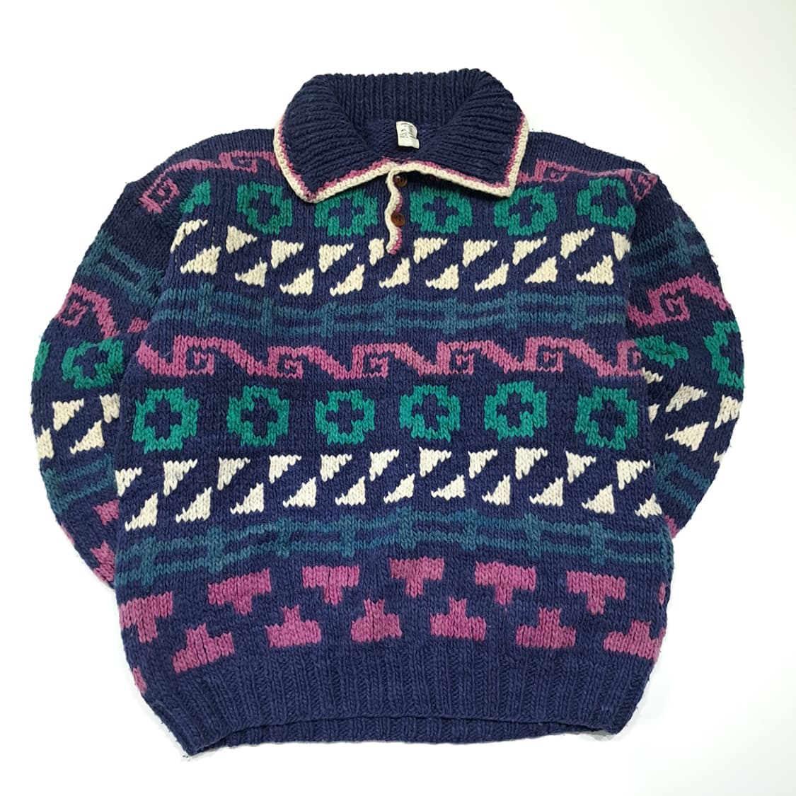 CL207 2XL 이달고 에콰도르 핸드니트 울 에스닉 네이비 헨리넥 상품이미지1