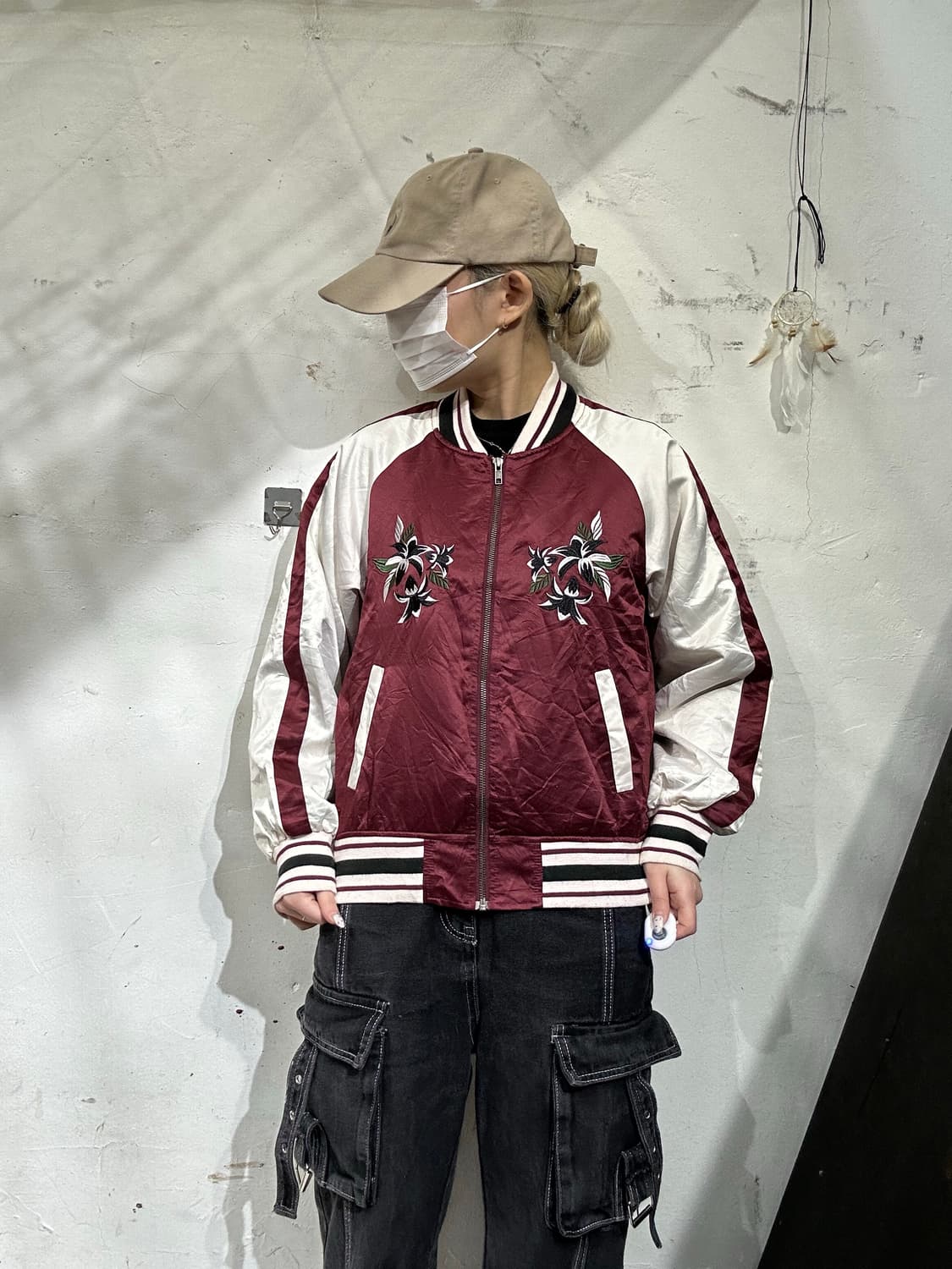 일본 빈티지 버건디 화이트 자수 크롭 스카잔 자켓 M 상품이미지2