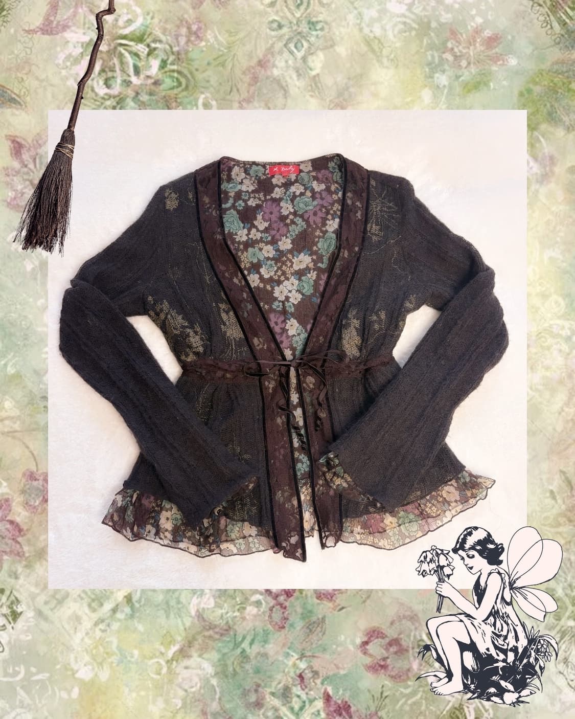 (이체시에눌) 일본 오리엔탈 페어리 브라운 플라워 패턴 프릴 가다건 상품이미지1