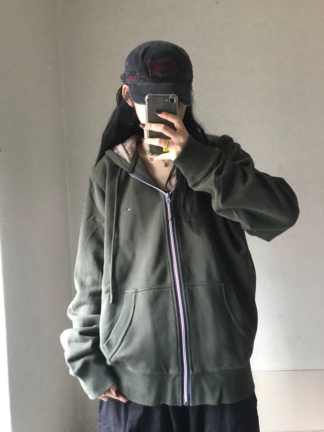 타미힐피거 카키 오버핏 퍼후드집업 상품이미지4