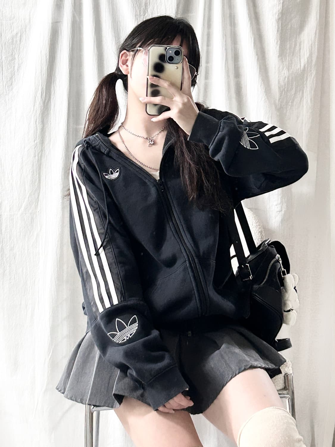 아디다스 자수로고 블랙 삼선 후드집업 상품이미지5