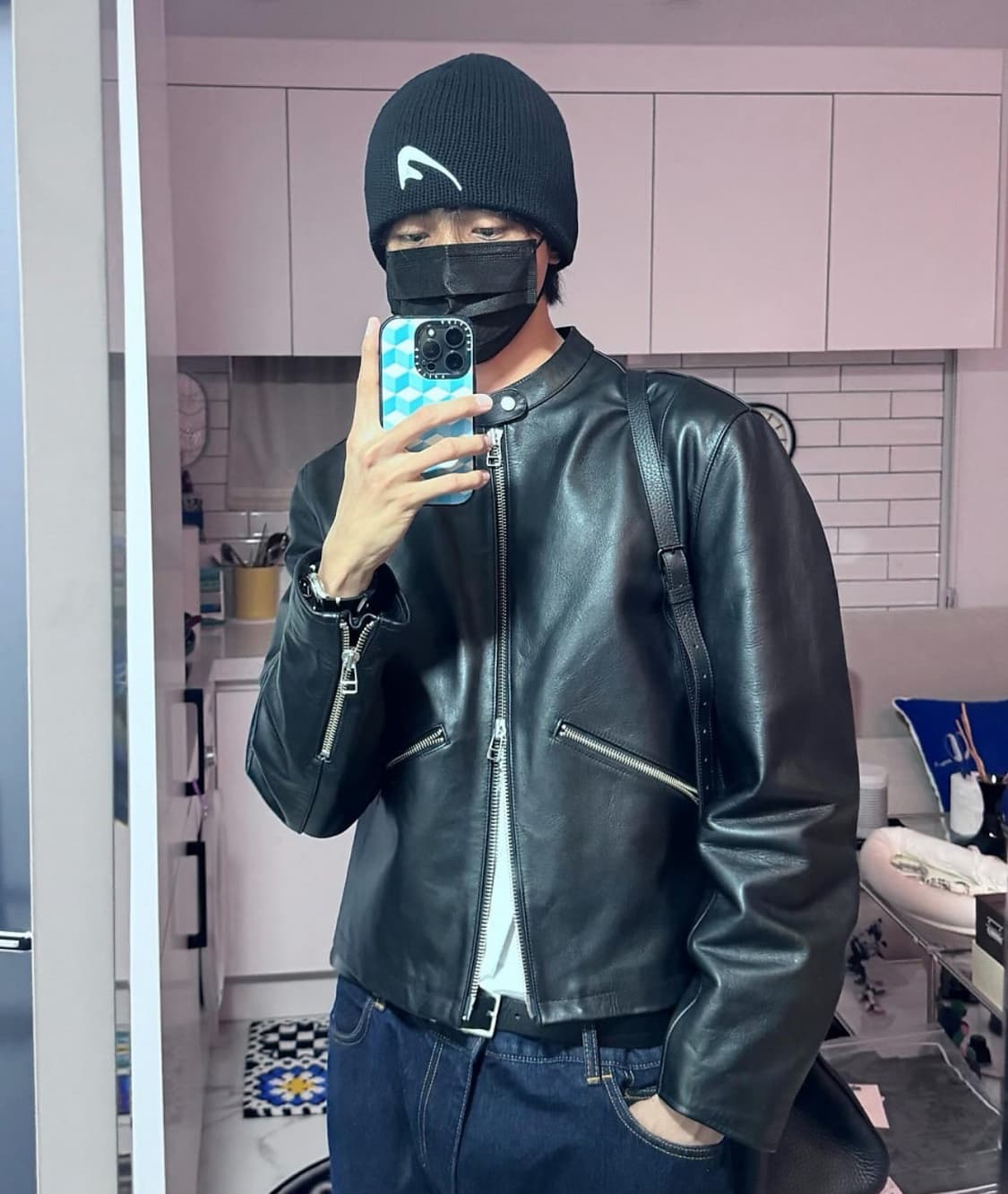 토니웩 레더 카프 레이서 블루종 자켓  L 사이즈 상품이미지1