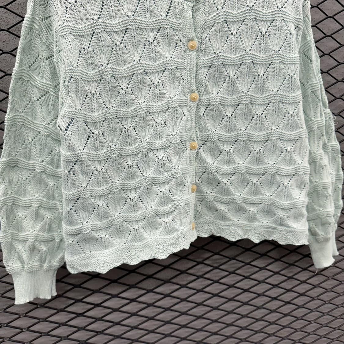 JPN VINTAGE 스카시 가디건 웨이빙 패턴 밑단 레이스 디테일 민트 상품이미지5
