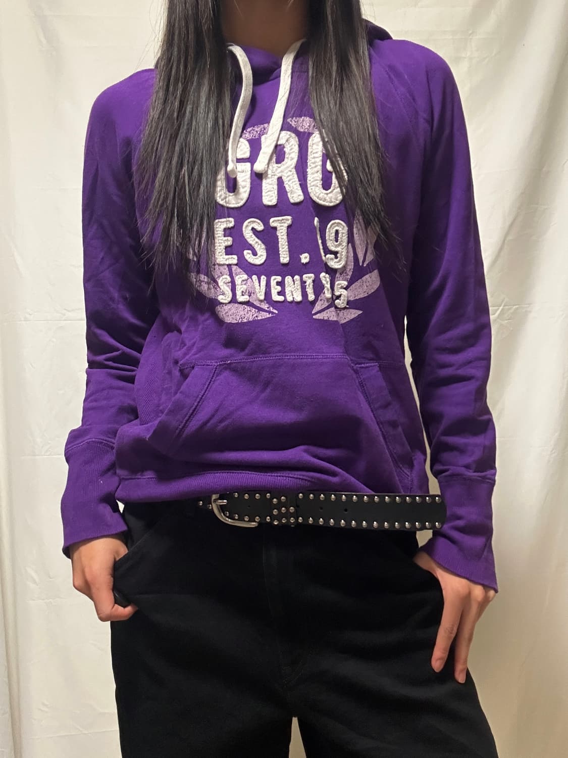 빈티지 프린팅 퍼플 후드티 상품이미지1