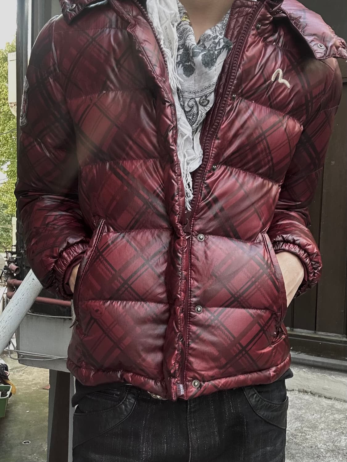 2000s evisu 락시크 체크 버건디 숏 패딩 상품이미지3