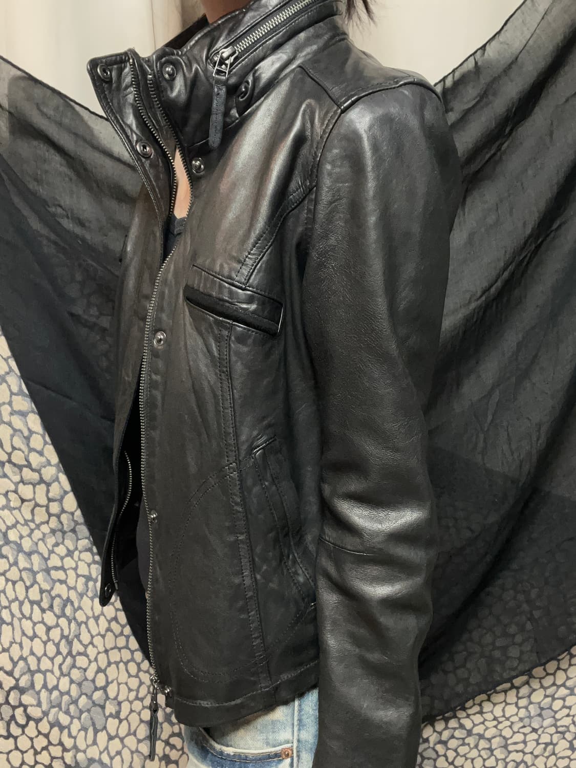 렘 스킨 하이넥 지퍼 블랙 레더자켓 상품이미지5