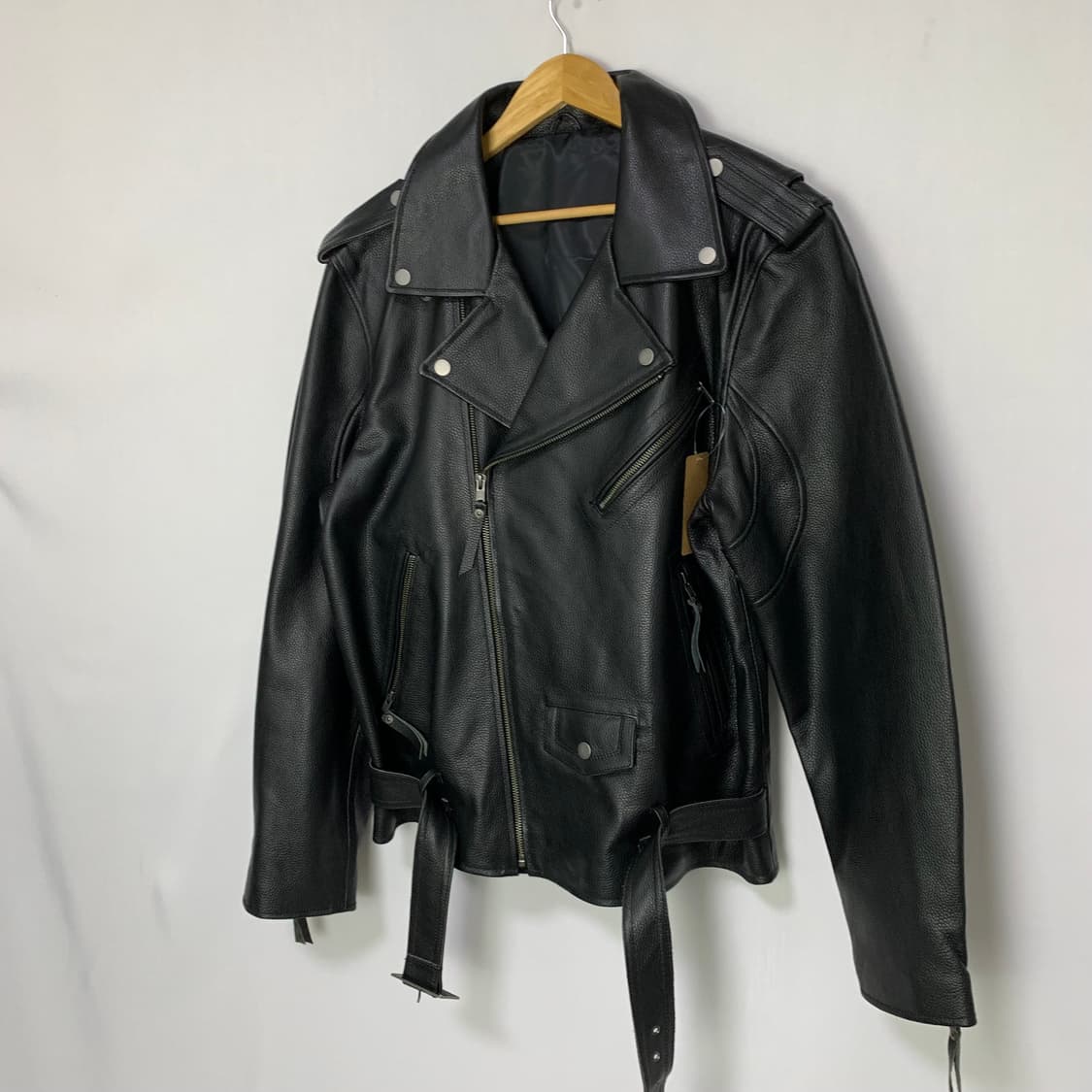 빈티지 사선 지퍼 벨트 리얼레더 라이더 자켓 소가죽 블랙 L 상품이미지2
