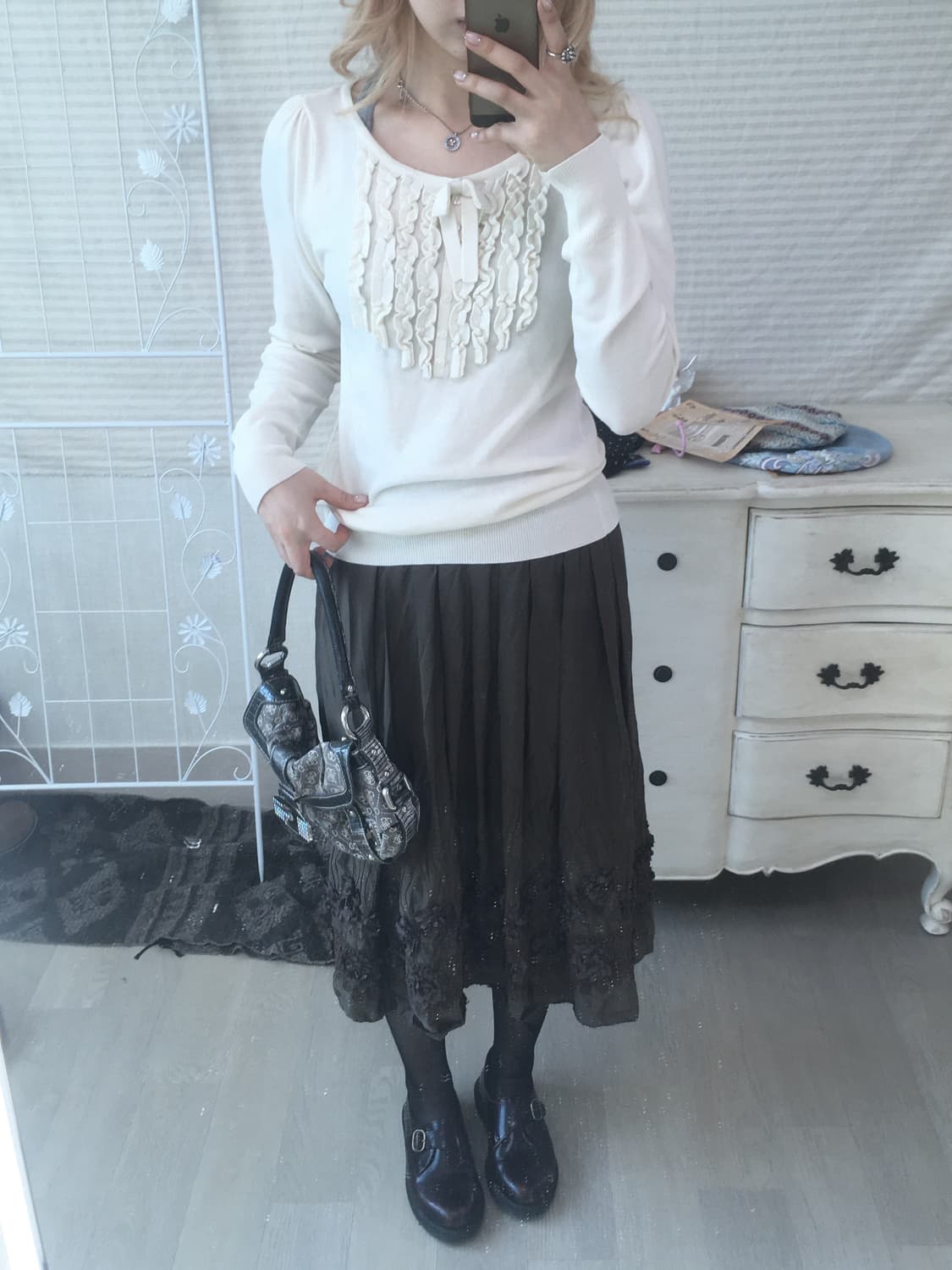 일본빈티지 아이보리 리본 프릴 니트 상품이미지3