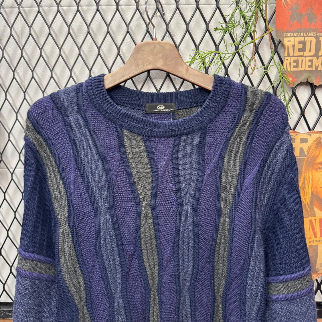 00s JPN VINTAGE 케이블 니트 멀티컬러 네이비 그레이 상품이미지3