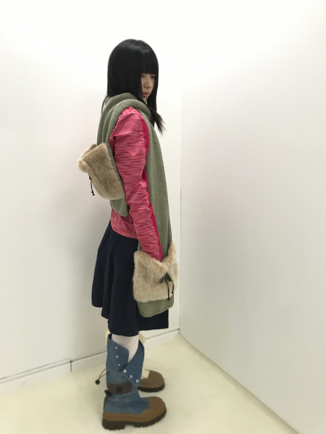Olive knit hand-glove fur pocket muffler 상품이미지4