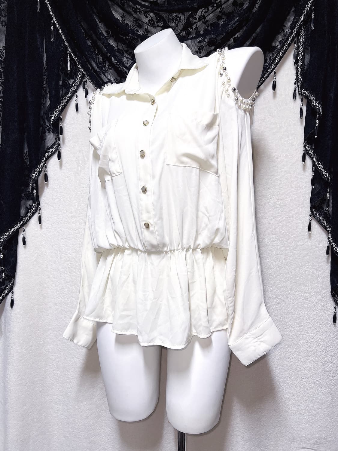 잉그니 진주 숄더트임 쉬폰블라우스 셔츠 튜닉 로맨틱갸루 히메 로걀탑 핀터 상품이미지1