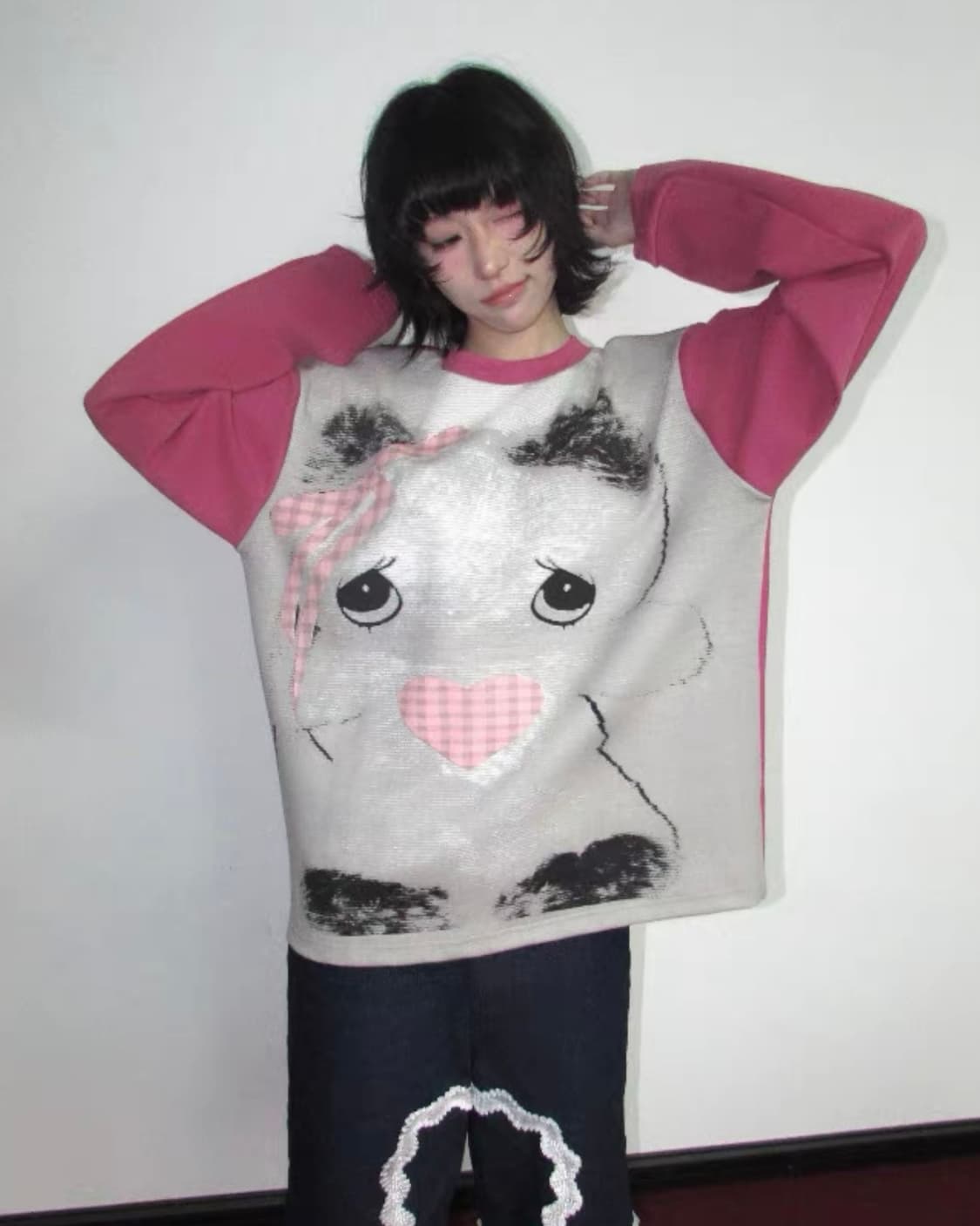 OurHappy 중국 브랜드 맨투맨 롱슬리브 긴팔티셔츠 핑크 프린팅 상품이미지3