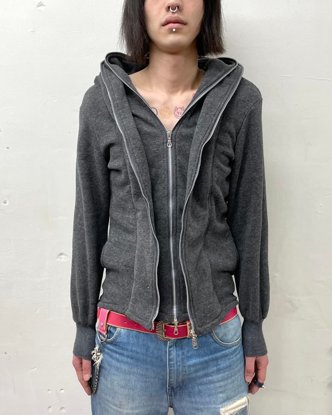 two zipper closure gray hooded zip-up 상품이미지1