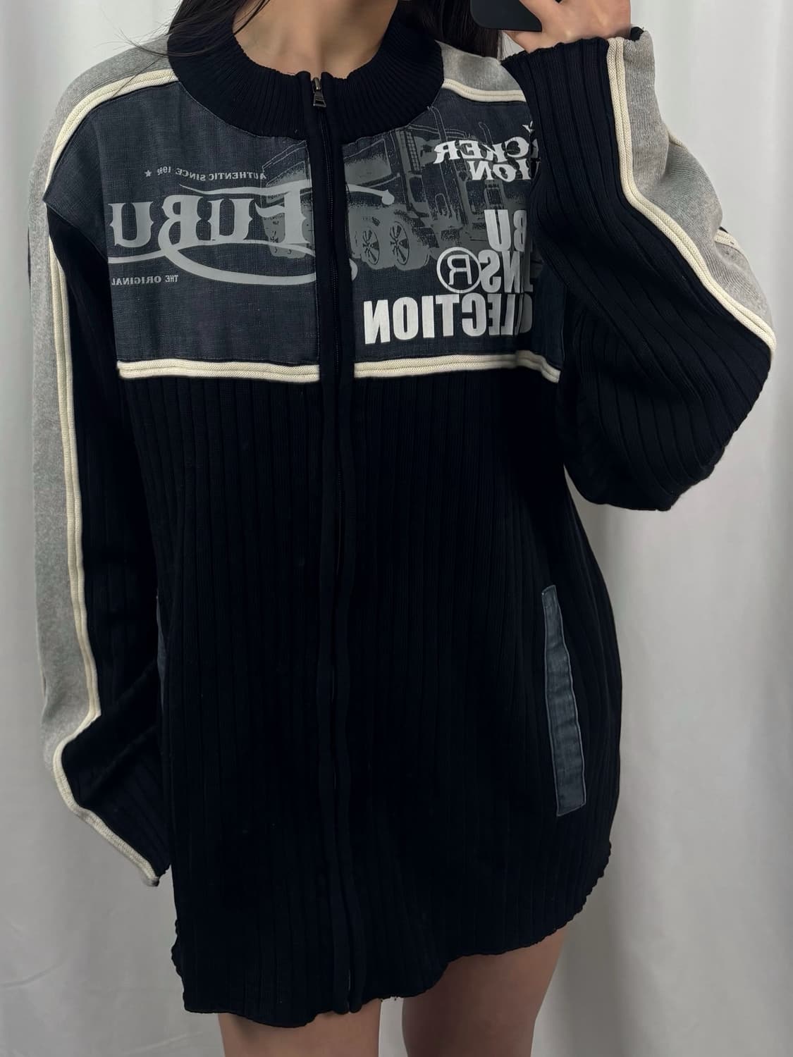 후부 데님 배색 니트 집업 자켓 상품이미지2