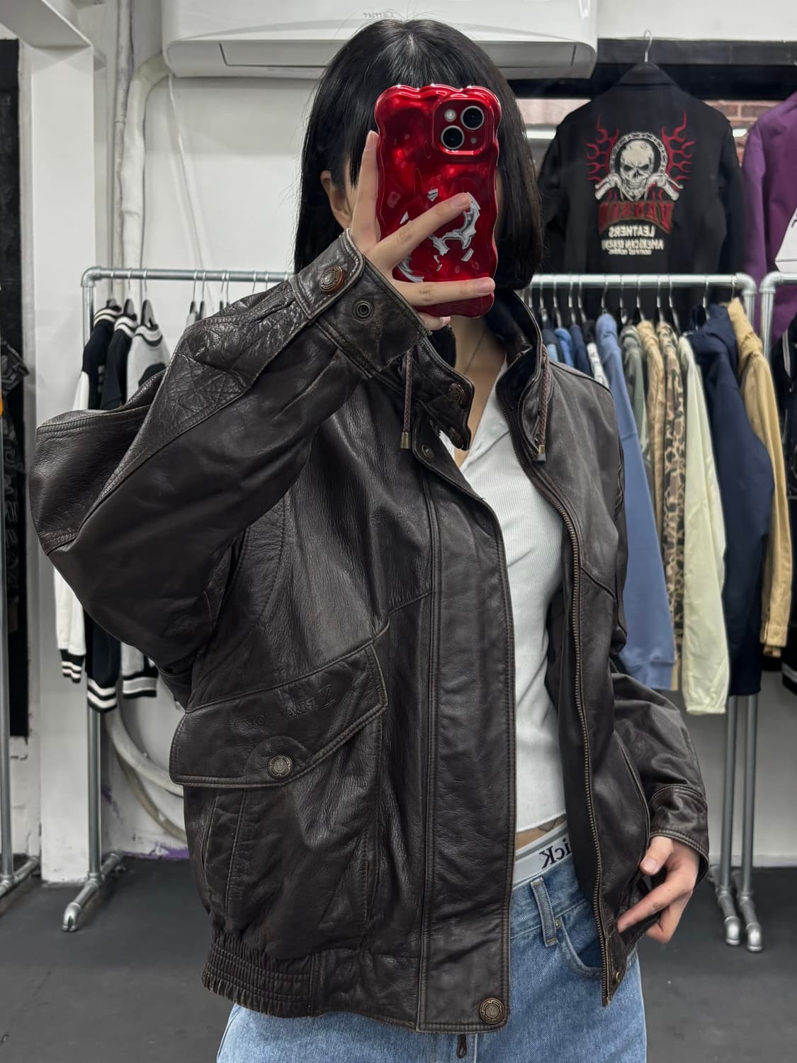 플레이보이 드럼다이 레더 히이넥 봄버 자켓 상품이미지2