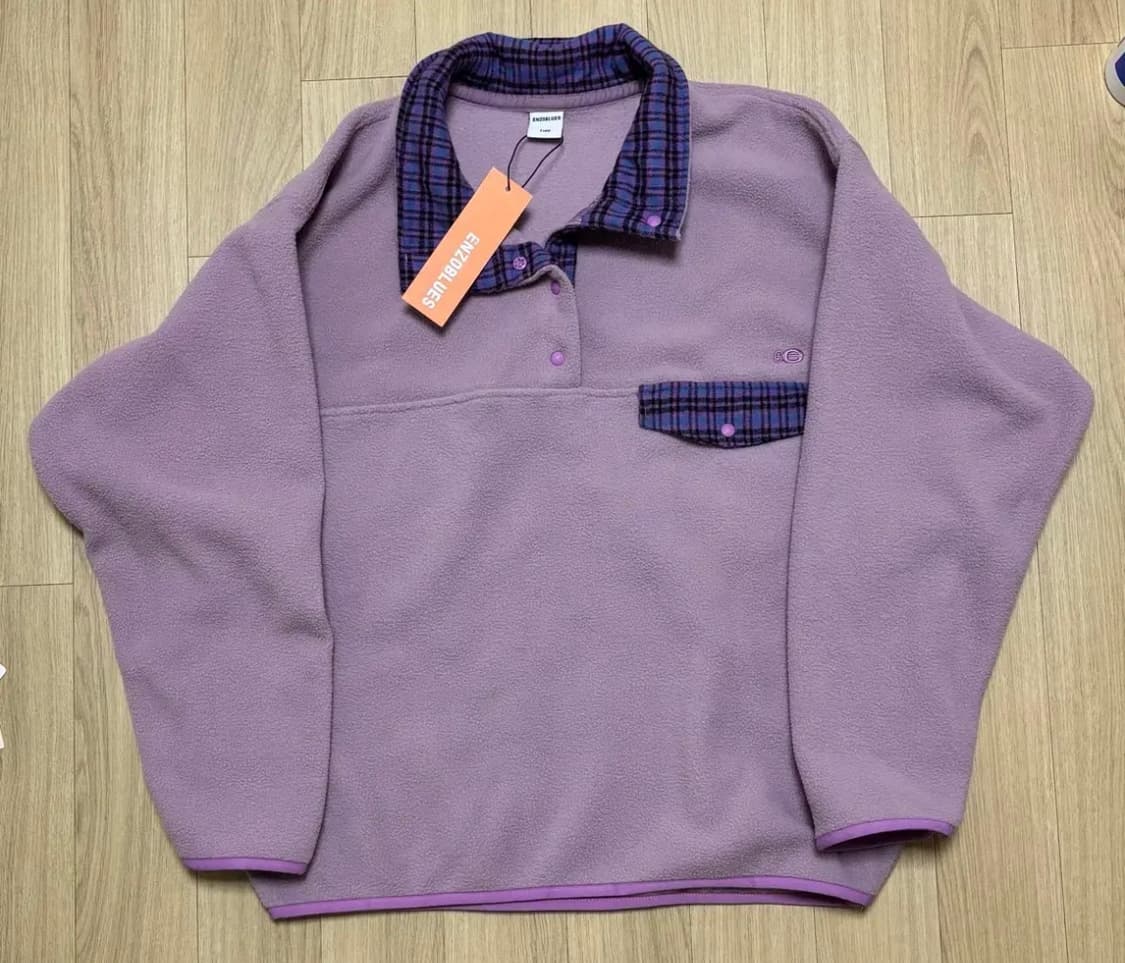 엔조블루스 레트로 스냅 플리스 아노락 라벤더 체크 카라 후리스 상품이미지3