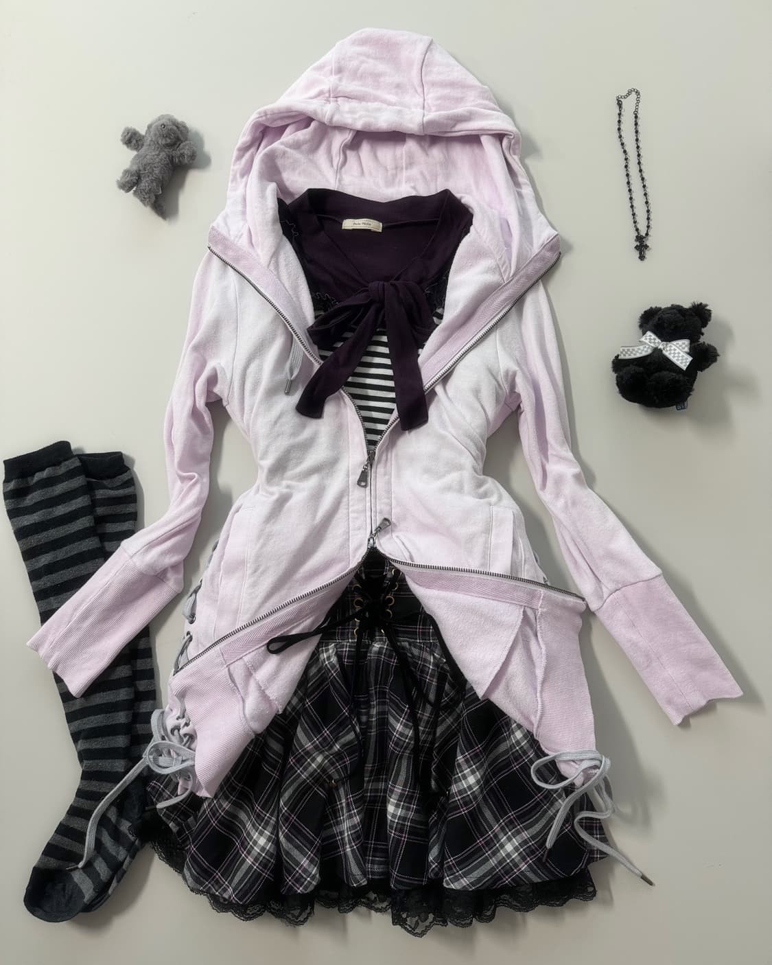 사이드 아일렛 후드 집업 타이 넥 체크 스커트 4pcs SET 상품이미지1