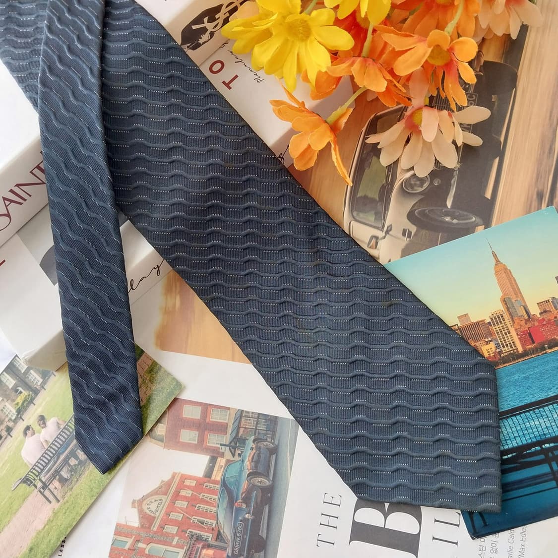 입생로랑 실크 네이비 웨이브 패턴 넥타이 9.3cm A등급 K2586 상품이미지3