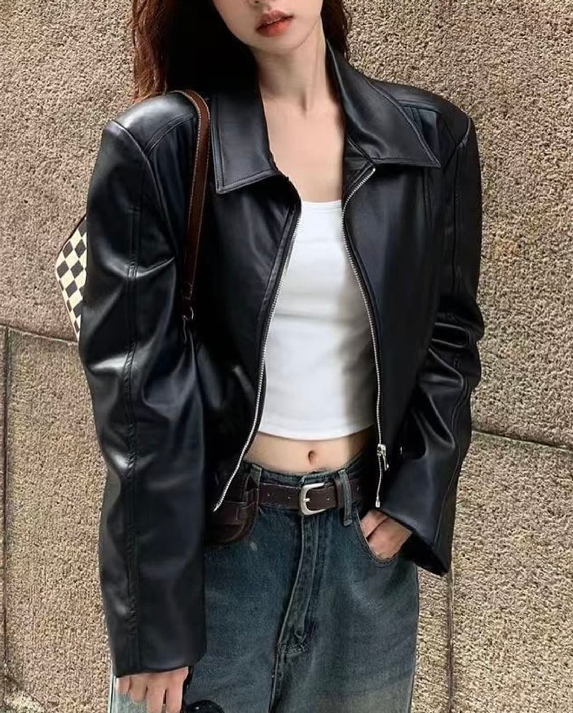 블랙 pu 레더 자켓 상품이미지1