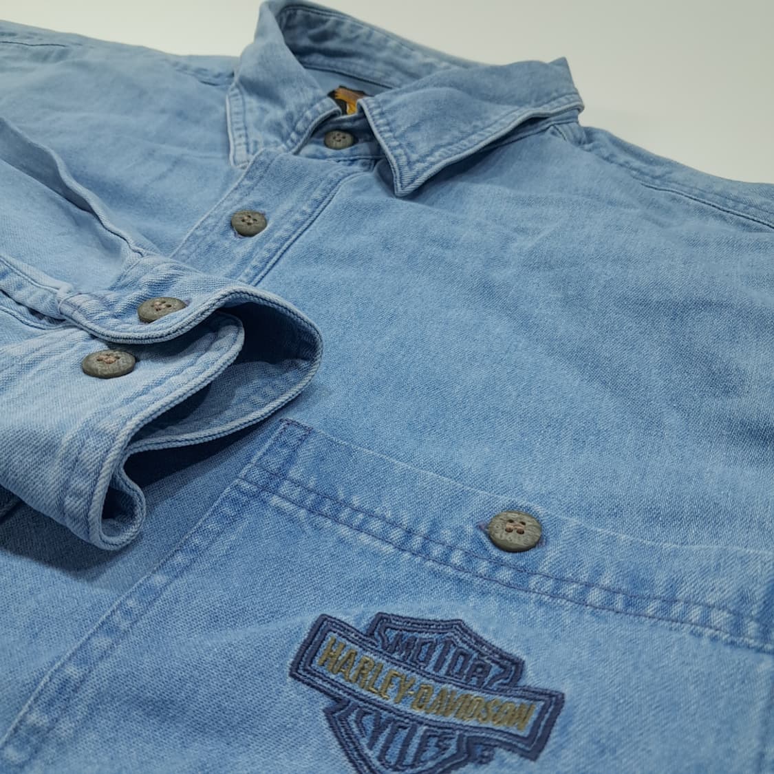 CL454 2XL 할리데이비슨 90s 코튼 자수 연청 데님셔츠 남방 상품이미지4