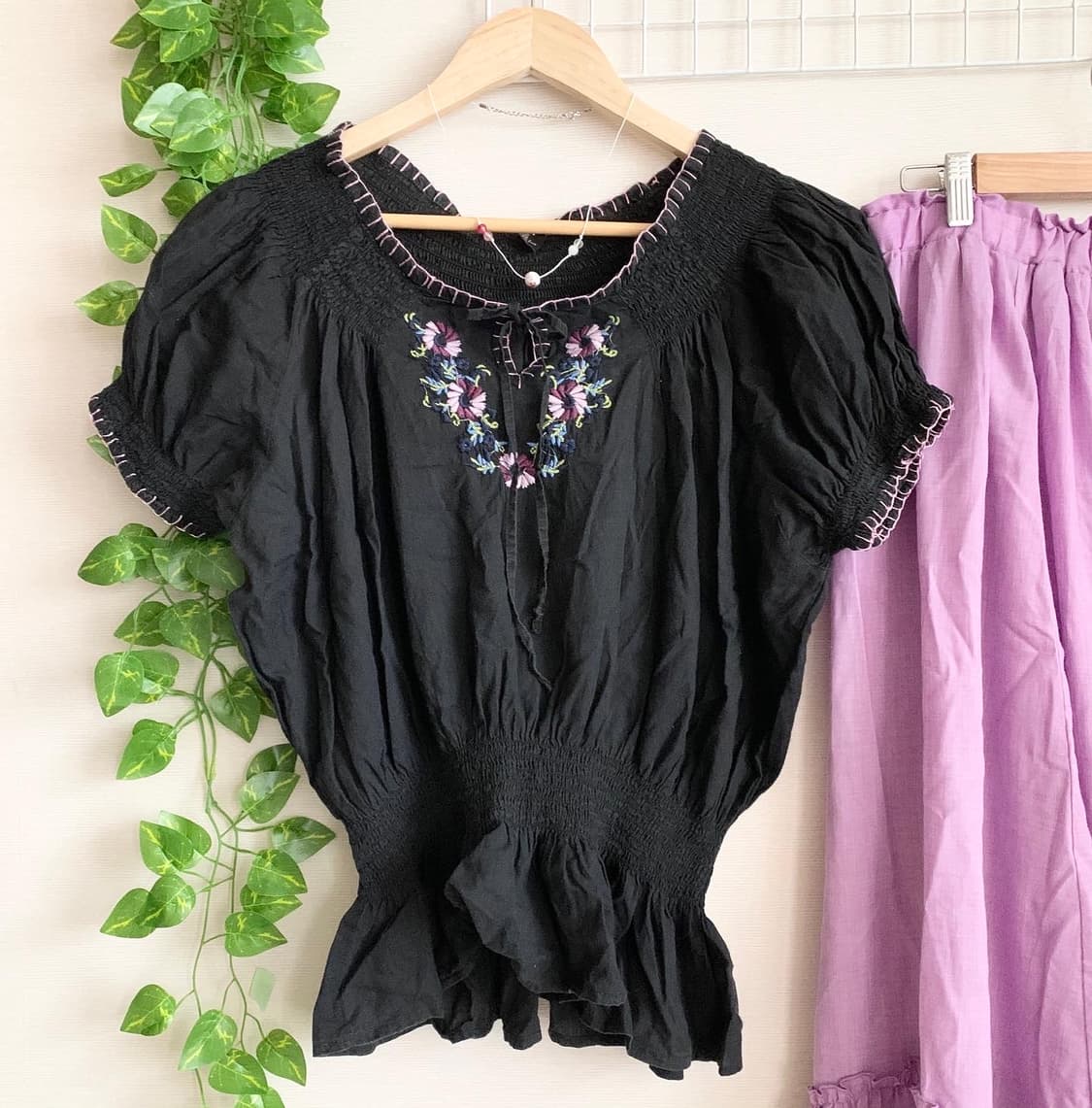 purple embroidery blouse skirt 상품이미지5