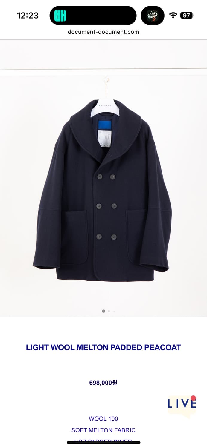 도큐먼트 document 라이트 울 패디드 피코트 상품이미지1