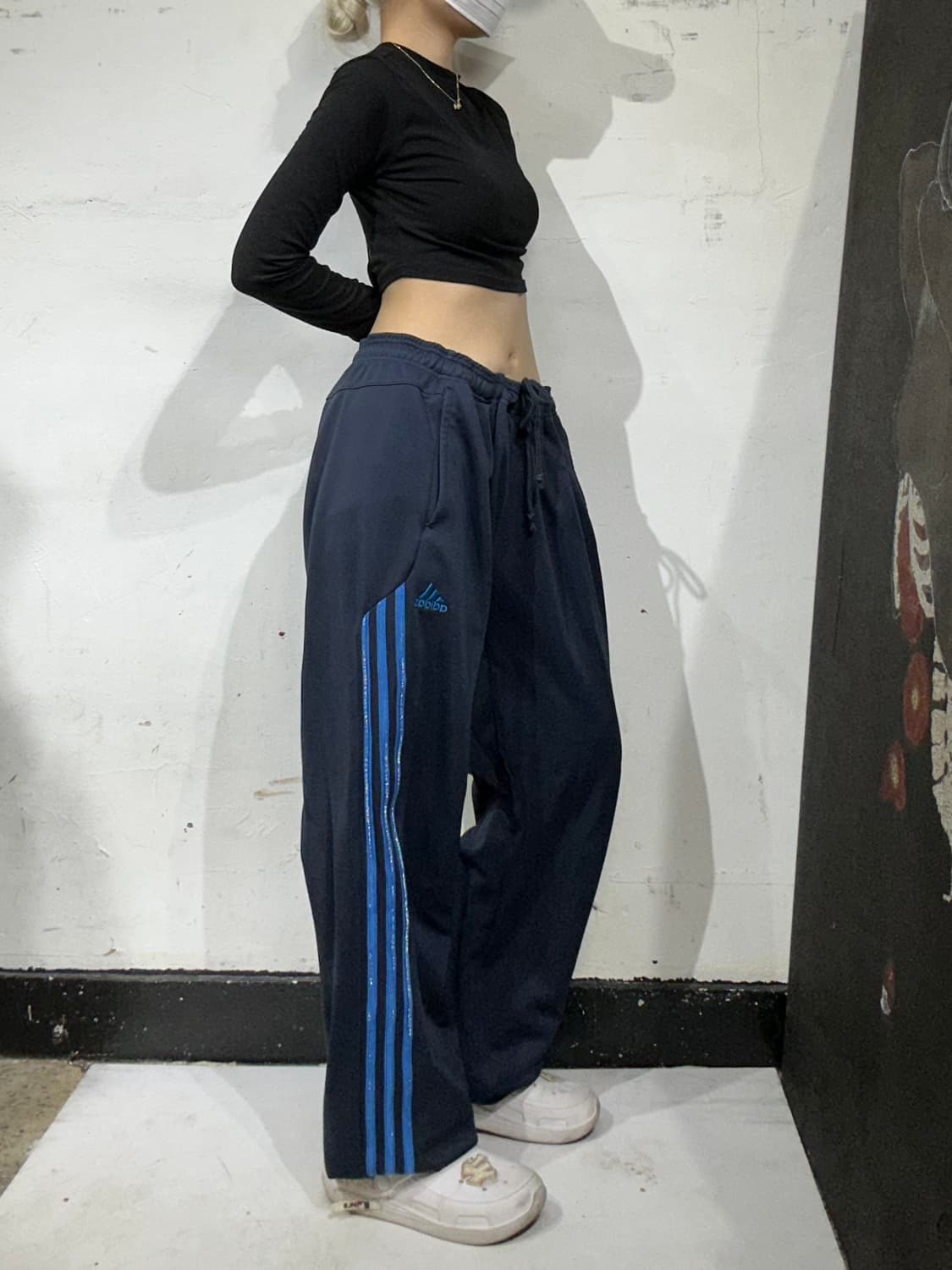 아디다스 와이드 네이비 블루 삼선 트레이닝 팬츠 추리닝 바지 L  상품이미지1