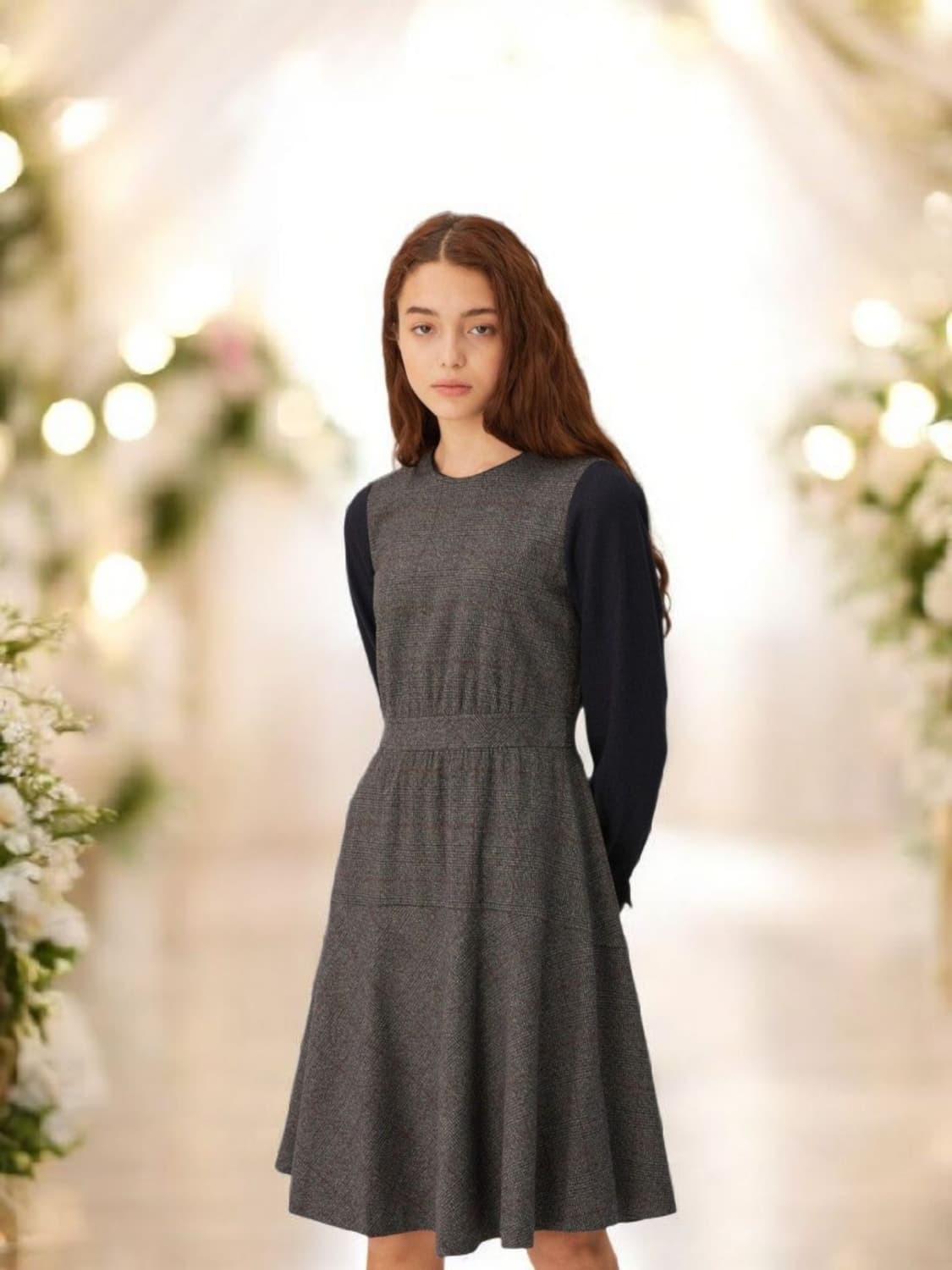 헤지스레이디스 그레이 체크배색 울혼방 미디원피스 66 상품이미지10