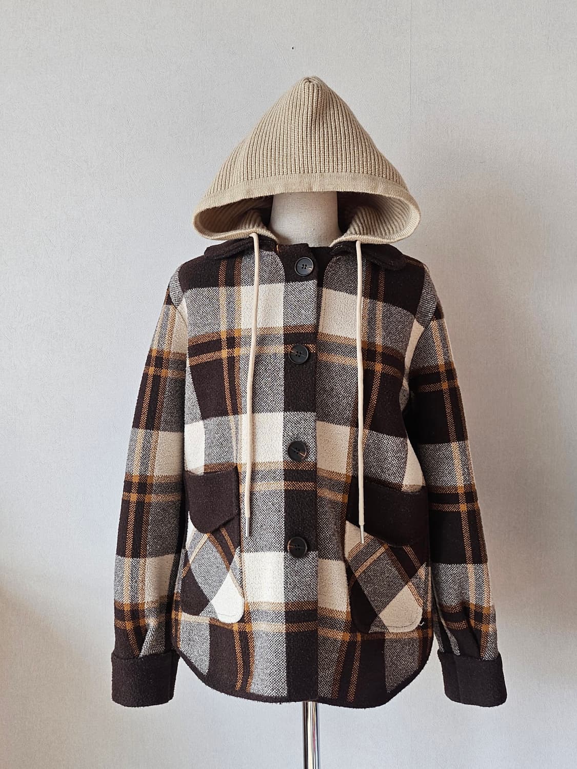 니트 후드 체크 도톰 브라운 재킷 F(44~55) 상품이미지5