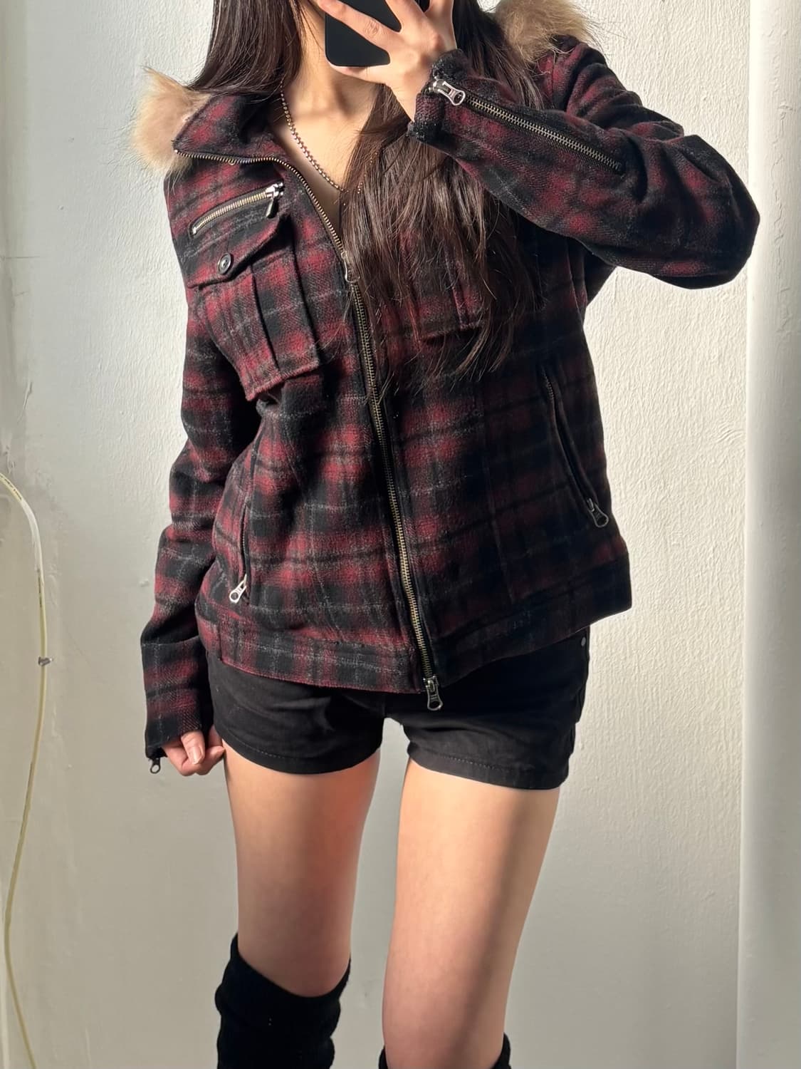 Japanese Vintage Check Fur Hood Jacket 상품이미지1