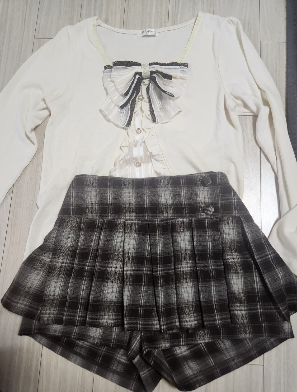 액시즈팜 리본 티셔츠 체크 스커트 세트 히메갸루 핀터깔 라떼갸루 리즈리사 상품이미지2