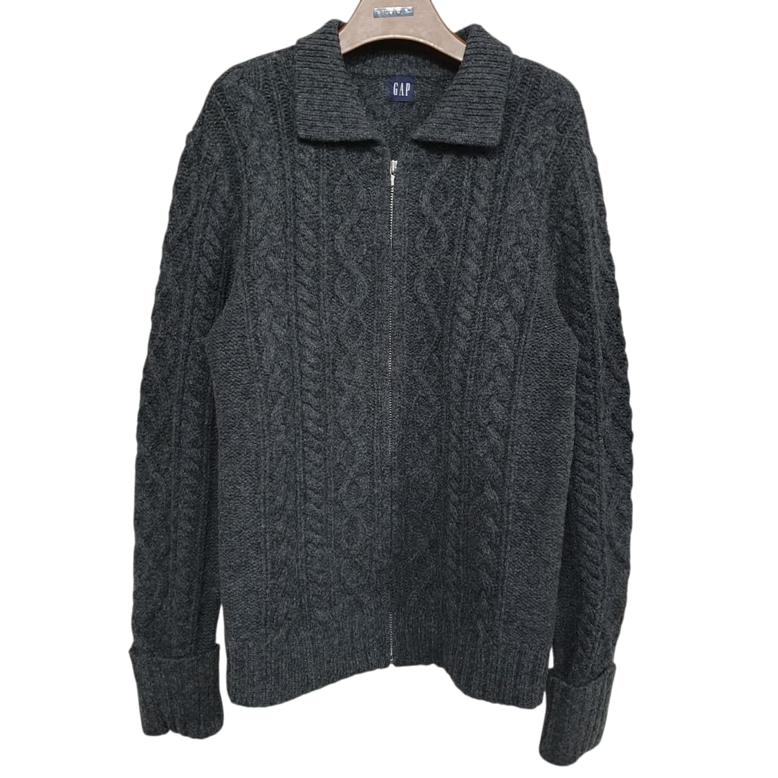 빈티지 갭 100%램스울 케이블 니트 집업 그레이 아메카지 상품이미지5