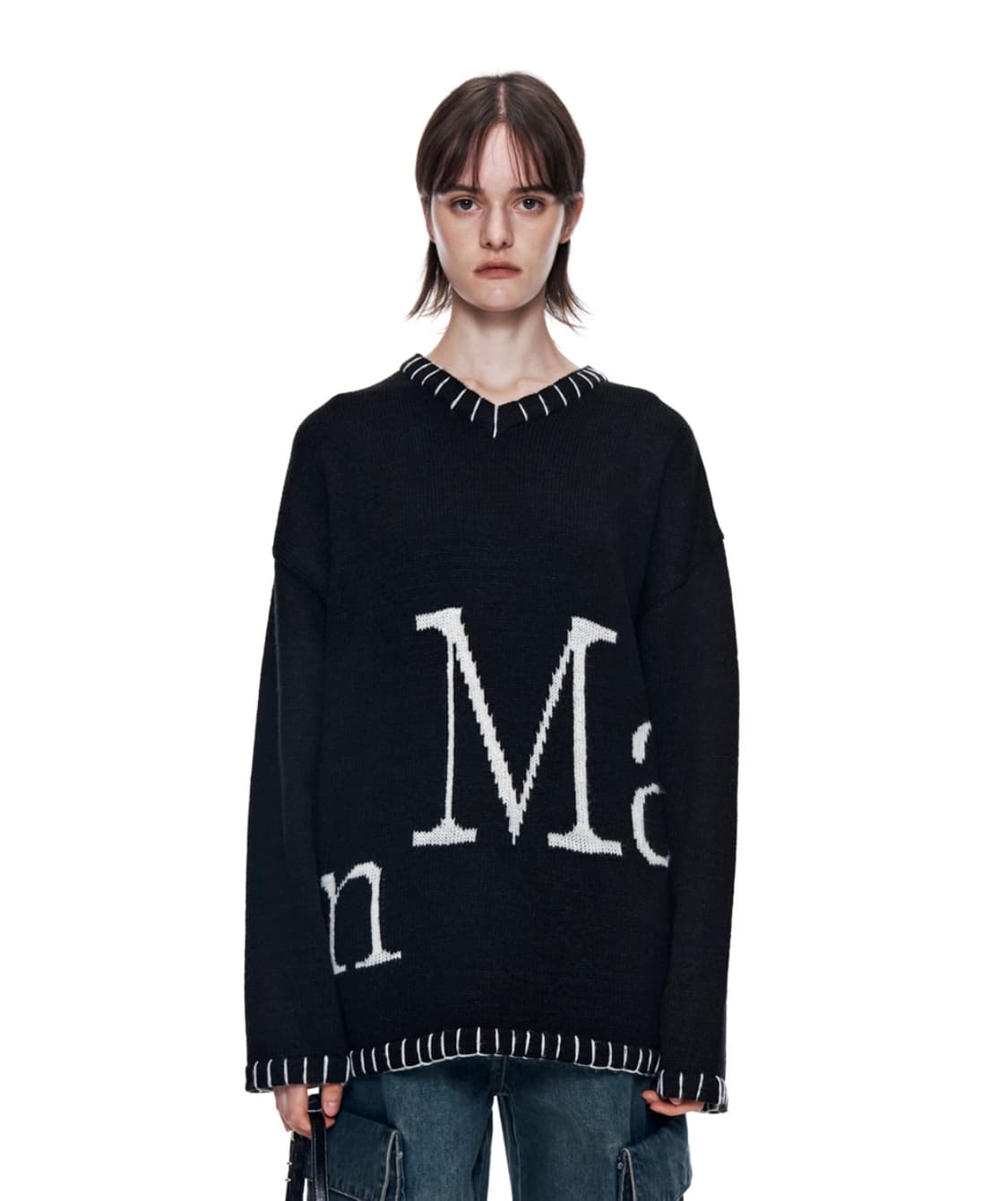 마뗑킴 빅로고 스티치 니트 풀오버 블랙 상품이미지3