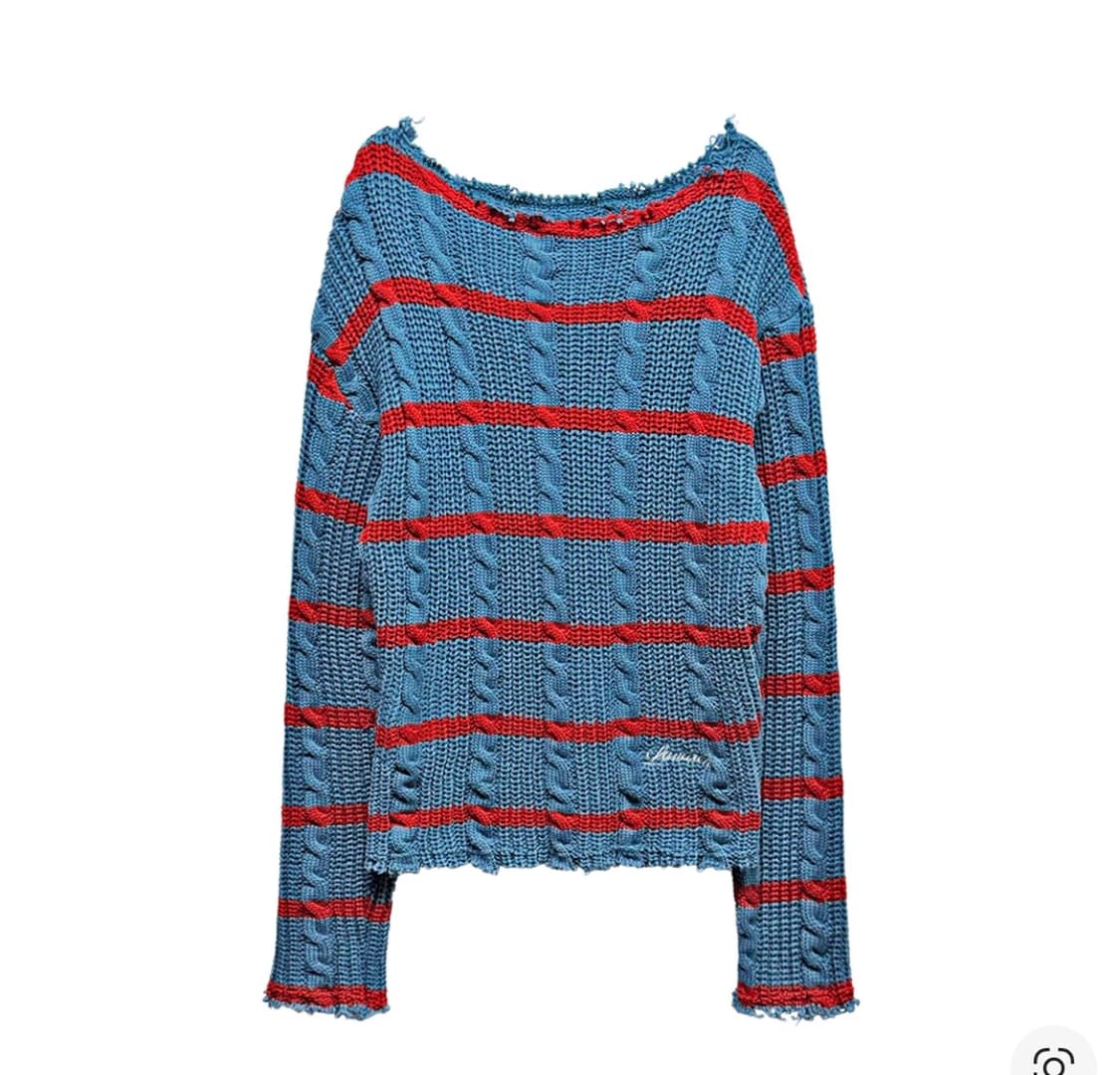 랜 아카이브 0090 프레이드 케이블 스트라이프 니트 - 블루 상품이미지1